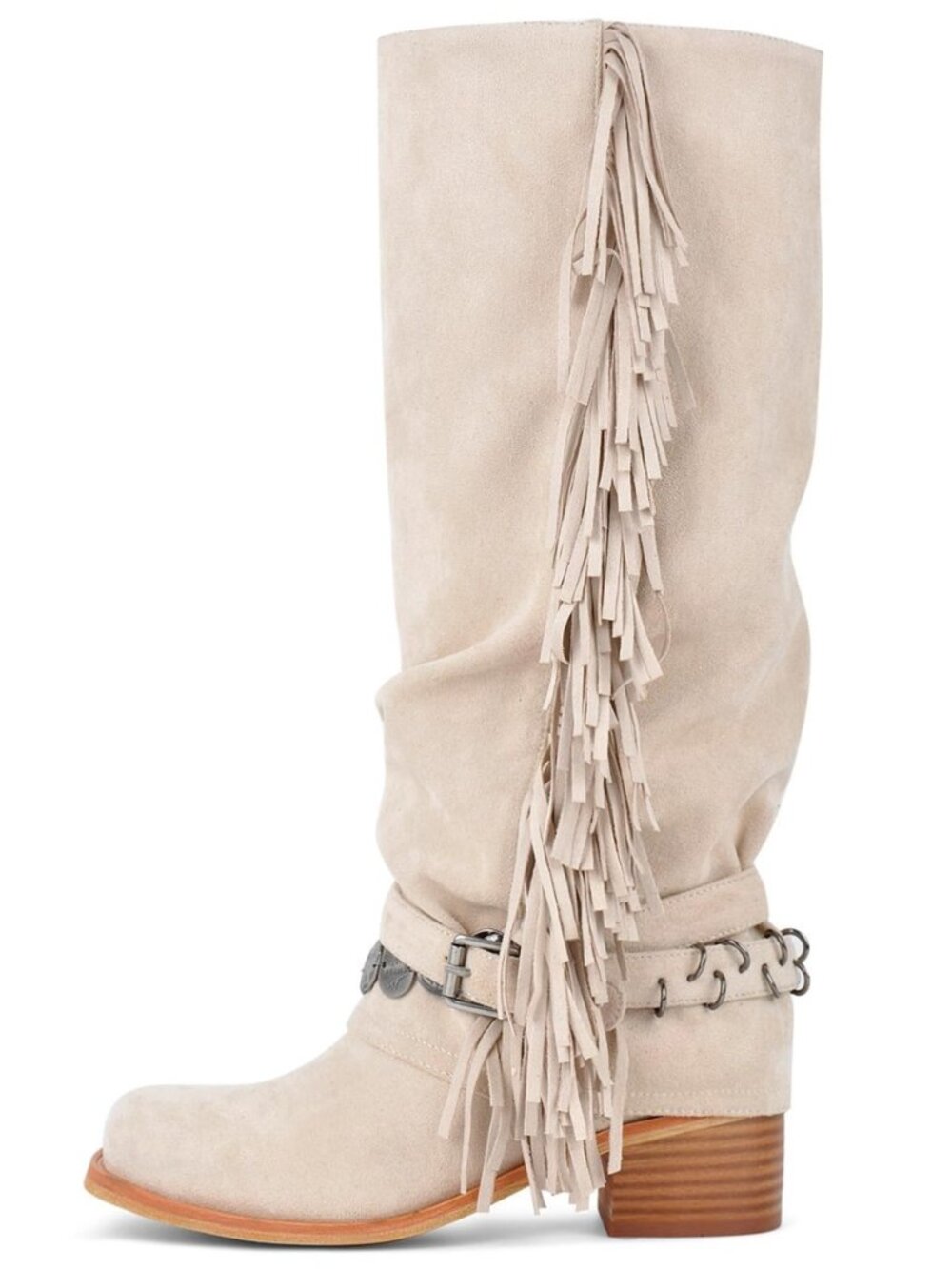 Women's Knee High Riding Boots with Fringes Buckle Straps Chunky Heel Square Toe